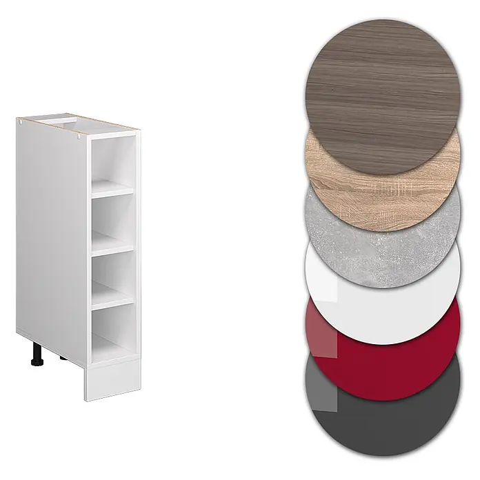 Vicco Schrankküche R-Line Weiß ohne Arbeitsplatte - Weiß, Regalunterschrank 20 cm - Weißer Küchenunterschrank mit Regalböden, zeigt verschiedene Material- und Farboptionen.