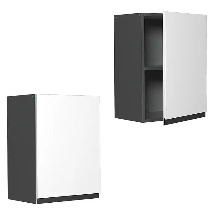 Vicco Schrankküche R-Line Weiß J-Shape - Weiß, Hängeschrank 45 cm grifflos - Zwei dunkelgraue Küchenhängeschränke mit weißen Türen, einer geschlossen, einer offen mit Einlegeboden.