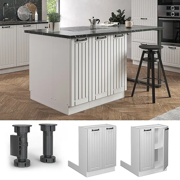 Vicco Inselküche Fame-Line Weiß Landhaus ohne Arbeitsplatte - Breite: 60 cm, Weiß Landhaus, Ohne Elektrogeräte - Hellegraue Kücheninsel mit gerillten Schranktüren, schwarzen Griffen und dunkler Arbeitsplatte, als Koch- und Essbereich dienend.