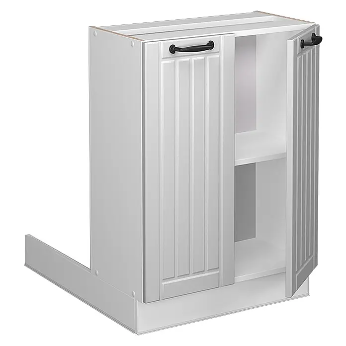 Vicco Inselküche Fame-Line Weiß Landhaus ohne Arbeitsplatte - Breite: 60 cm, Weiß Landhaus, Ohne Elektrogeräte - Weißer Eckunterschrank mit zwei Türen, einer offenen mit Regal, schwarzen Griffen und Sockel.