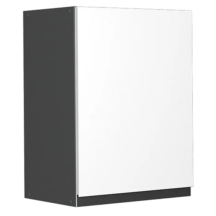 Vicco Schrankküche R-Line Weiß J-Shape - Weiß, Hängeschrank 45 cm grifflos - Weißer Schrank mit dunkelgrauer Seitenwand und Sockel.