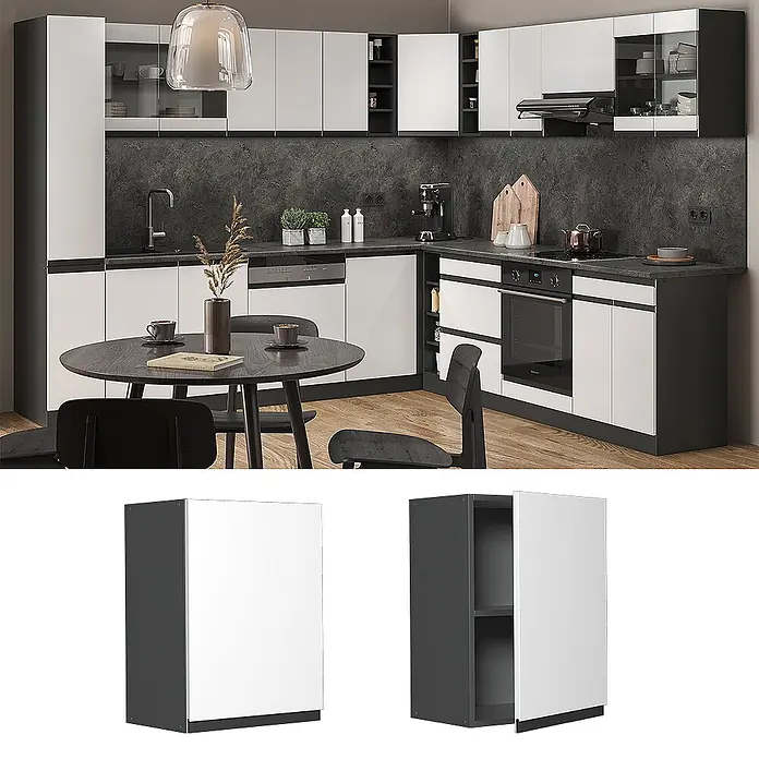 Vicco Schrankküche R-Line Weiß J-Shape - Weiß, Hängeschrank 45 cm grifflos - Weiße und dunkelgraue modulare Küchenschränke, in einer modernen Küche mit Geräten und Esstisch dargestellt.