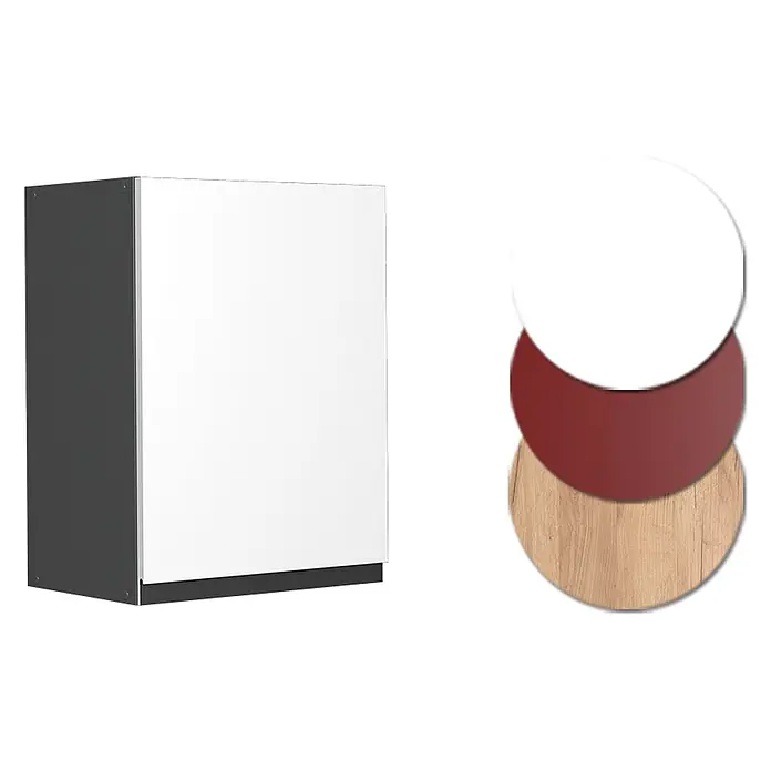 Vicco Schrankküche R-Line Weiß J-Shape - Weiß, Hängeschrank 45 cm grifflos - Modulares Schrankelement mit weißer Tür und dunkelgrauem Korpus. Farbmuster: Weiß, Rot, Holzmaserung.