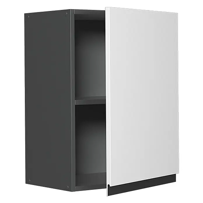 Vicco Schrankküche R-Line Weiß J-Shape - Weiß, Hängeschrank 45 cm grifflos - Dunkelgrauer Wandschrank mit weißer Tür und integrierter schwarzer Griffleiste. Ein Regal ist innen sichtbar.