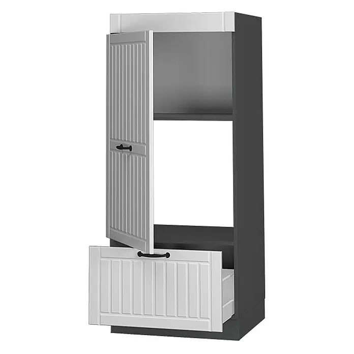Vicco Schrankküche Fame-Line Weiß Landhaus - Weiß Landhaus, Mikrowellenumbauschrank 60 cm - Hoher dunkelgrauer Schrank mit weißer, paneelierter Tür leicht geöffnet und passender offener Schublade, beide mit schwarzen Griffen.