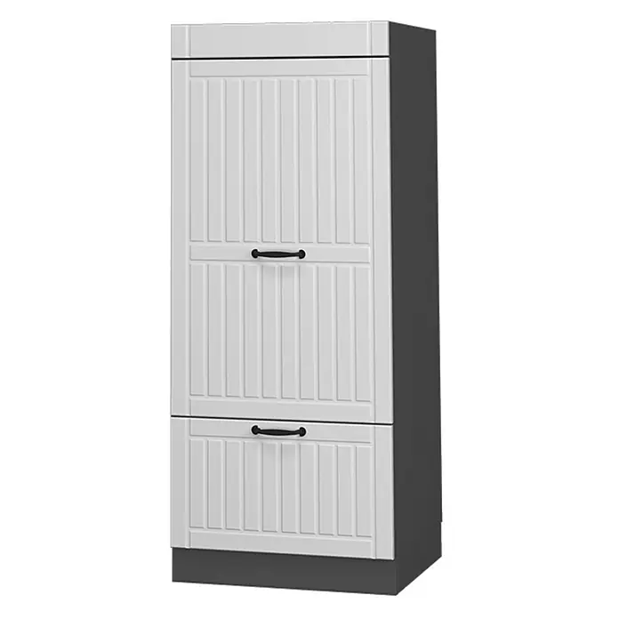 Vicco Schrankküche Fame-Line Weiß Landhaus - Weiß Landhaus, Mikrowellenumbauschrank 60 cm - Weißer Schuhschrank mit drei Kippfächern, vertikalen Rillen und schwarzen Griffen. Dunkelgraue Seiten und Sockel.