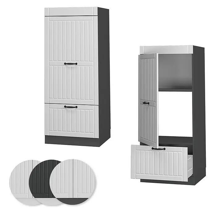 Vicco Schrankküche Fame-Line Weiß Landhaus - Weiß Landhaus, Mikrowellenumbauschrank 60 cm - Hoher Küchenschrank mit weißen Lamellentüren und dunkelgrauem Rahmen, geschlossen und geöffnet mit Auszug.
