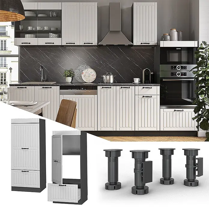 Vicco Schrankküche Fame-Line Weiß Landhaus - Weiß Landhaus, Mikrowellenumbauschrank 60 cm - Moderne modulare Küche: cremefarbene Paneel-Schränke, schwarze Griffe, Marmor-Optik-Oberflächen, verstellbare Füße.