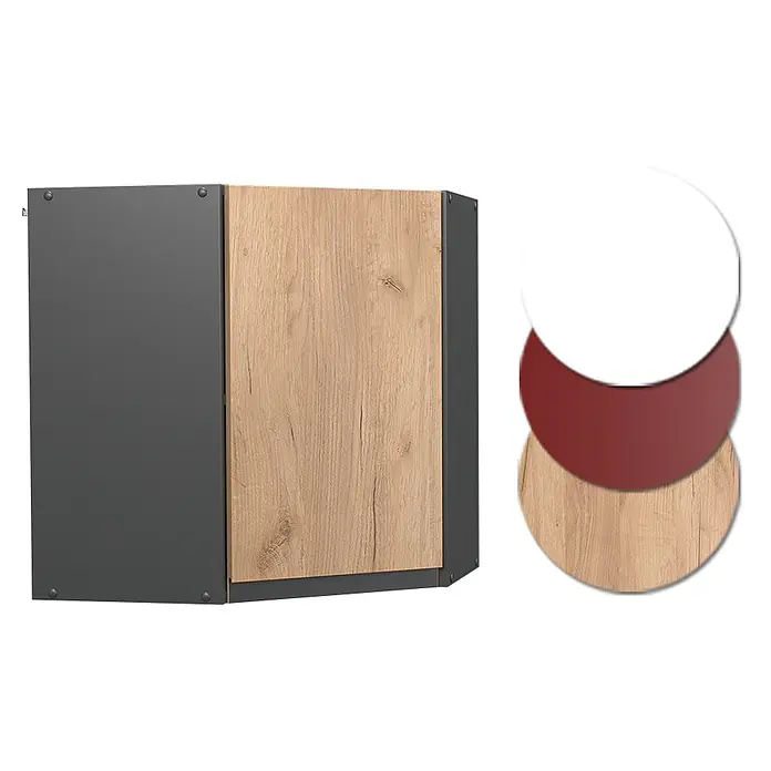 Vicco Schrankküche R-Line Goldkraft Eiche J-Shape - Goldkraft Eiche, Eckhängeschrank grifflos - Eckküchenschrank mit grauer Seite und heller Holztür. Inklusive weißer, roter und Holzmaserung-Farbproben.