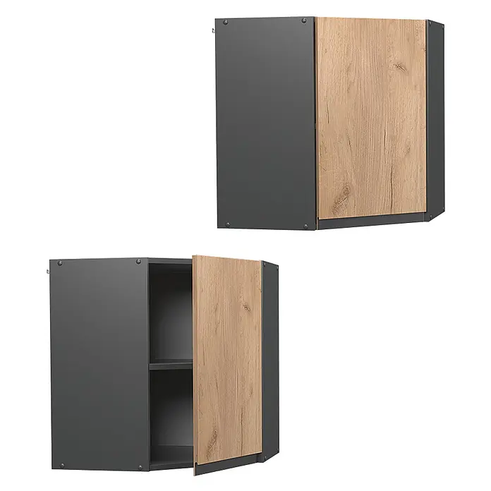 Vicco Schrankküche R-Line Goldkraft Eiche J-Shape - Goldkraft Eiche, Eckhängeschrank grifflos - Zwei dunkelgraue Eck-Wandschränke mit hellen Holzmaserungstüren, einer geschlossen, einer offen mit zwei Regalböden.