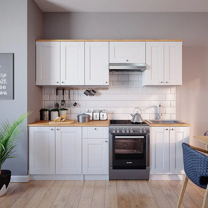 Vicco Küchenzeile Bergamo Weiß, AP Goldkraft - Weiß, Ohne Elektrogeräte - Moderne Küche mit weißen Schranktüren im Shaker-Stil, hellen Holz-Arbeitsplatten und einem Edelstahlherd.