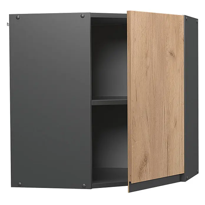 Vicco Schrankküche R-Line Goldkraft Eiche J-Shape - Goldkraft Eiche, Eckhängeschrank grifflos - Anthrazitfarbener Eck-Hängeschrank mit Eichenoptik-Tür, teilweise geöffnet mit zwei Innenböden.