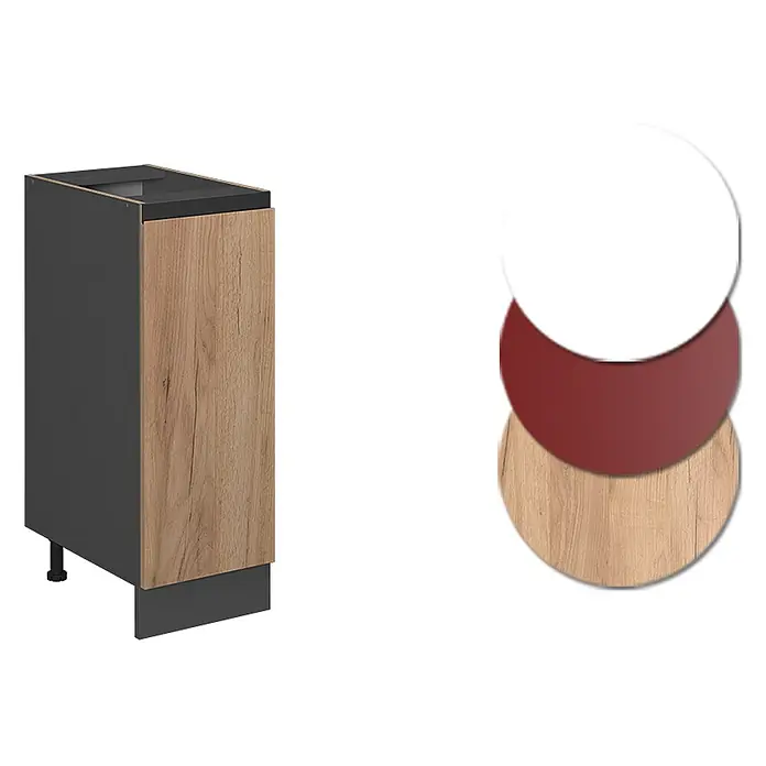 Vicco Schrankküche R-Line Goldkraft Eiche J-Shape AP Marmor - Goldkraft Eiche, Apothekerunterschrank 30 cm grifflos - Dunkelgrauer Küchenunterschrank mit heller Holzmaserungstür. Farbmuster zeigen Weiß, Rot und Holzdekor.