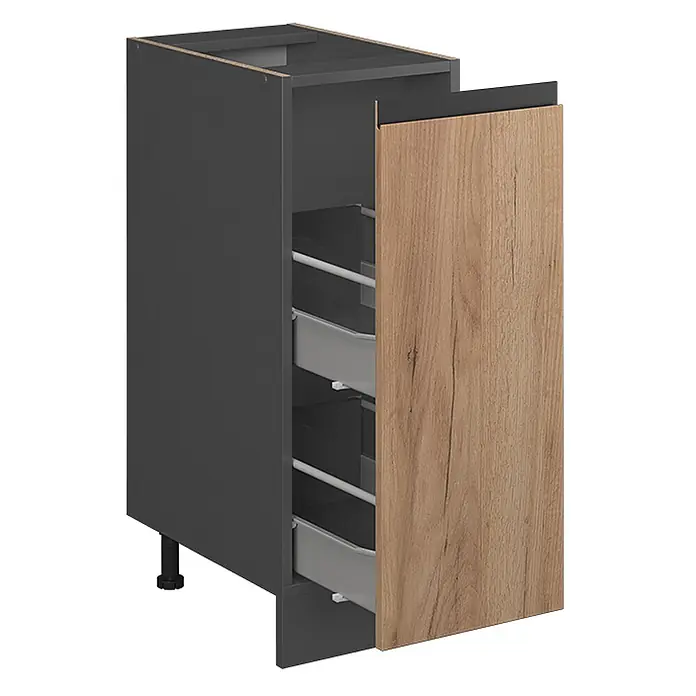 Vicco Schrankküche R-Line Goldkraft Eiche J-Shape AP Marmor - Goldkraft Eiche, Apothekerunterschrank 30 cm grifflos - Dunkelgrauer Küchenunterschrank mit Holzoptikfront und zwei Auszugschubladen.