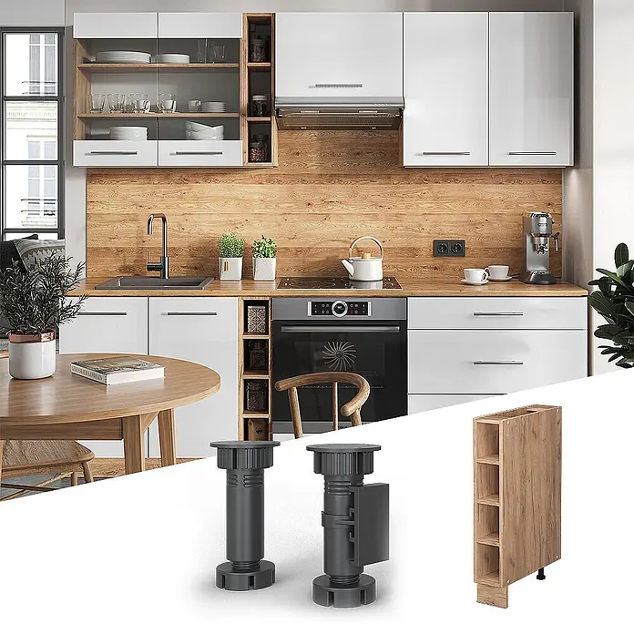 Vicco Schrankküche Fame-Line Goldkraft Eiche ohne Arbeitsplatte - Goldkraft Eiche, Regalunterschrank 15 cm - Zwei dunkelgraue verstellbare Küchenschrankfüße und ein schmales Holzregal in einer modernen Küche.