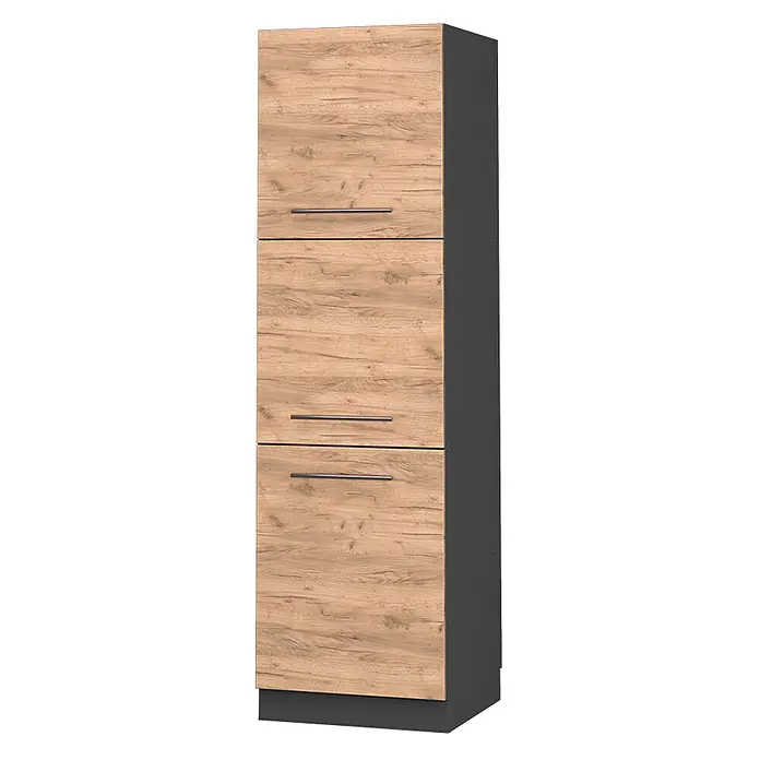 Vicco Schrankküche Fame-Line Goldkraft Eiche - Goldkraft Eiche, Herdumbauschrank hoch 60 cm - Hoher Schrank mit Holzoptik-Front und dunkelgrauem Korpus, mit drei Griffen und vier Fächern.