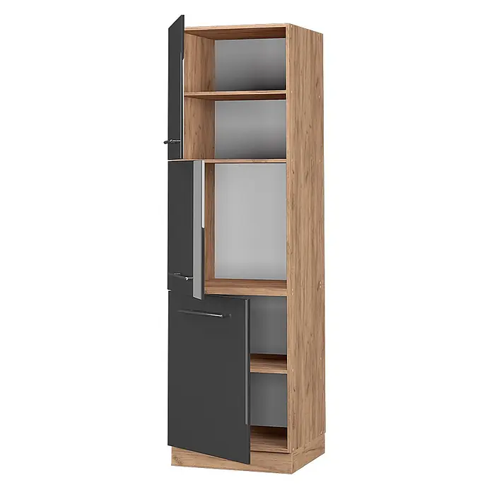 Vicco Schrankküche Fame-Line Anthrazit Hochglanz - Anthrazit Hochglanz, Vorratsschrank 60 cm - Hoher Holzschrank mit dunkelgrauen Türen, offenen Fächern und geschlossenen Staufächern.