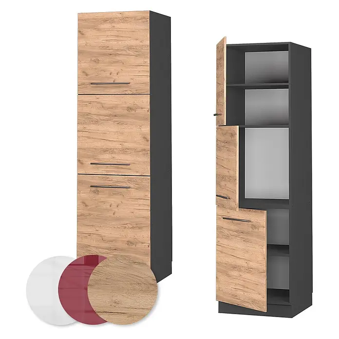 Vicco Schrankküche Fame-Line Goldkraft Eiche - Goldkraft Eiche, Herdumbauschrank hoch 60 cm - Hoher Hochschrank mit Holzdekor-Türen und dunkelgrauem Korpus, geschlossen und offen dargestellt.