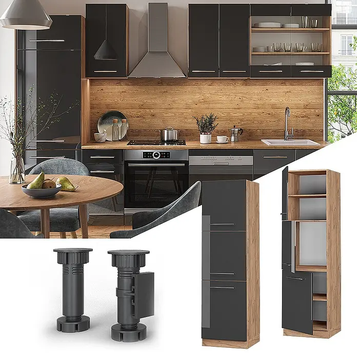 Vicco Schrankküche Fame-Line Anthrazit Hochglanz - Anthrazit Hochglanz, Vorratsschrank 60 cm - Moderne Küche mit dunkelgrauen Hochglanzschränken und Holzdetails, zeigt Hochschränke und verstellbare Füße.