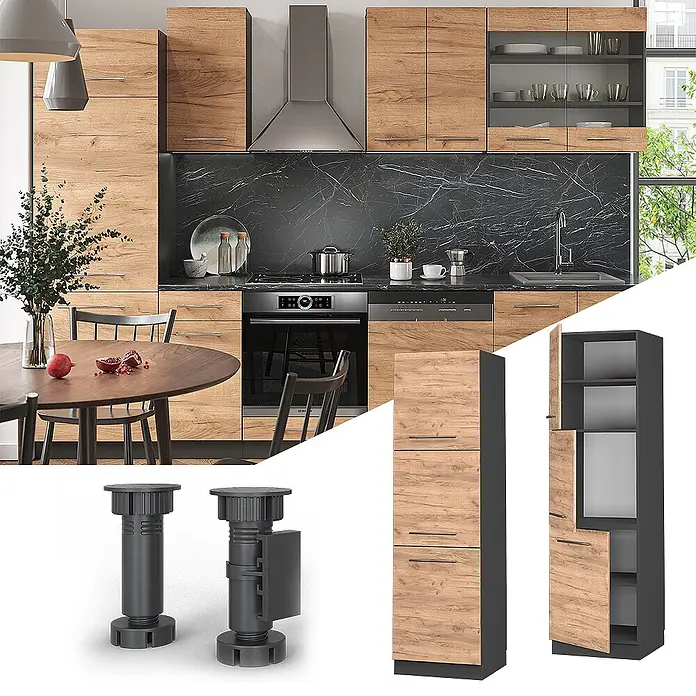 Vicco Schrankküche Fame-Line Goldkraft Eiche - Goldkraft Eiche, Herdumbauschrank hoch 60 cm - Modulare Küchenmöbel mit Holzoptik-Fronten, dunklen Schränken und verstellbaren Standfüßen.