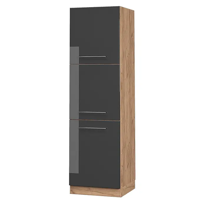 Vicco Schrankküche Fame-Line Anthrazit Hochglanz - Anthrazit Hochglanz, Vorratsschrank 60 cm - Hoher, dunkelgrauer Schrank mit drei Türen, hellgrauen Akzenten, Metallgriffen und Seitenpaneelen sowie Sockel aus hellem Holz.