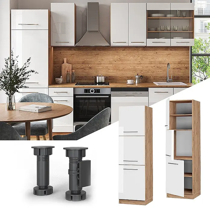 Vicco Schrankküche Fame-Line Weiß Hochglanz - Weiß Hochglanz, Vorratsschrank 60 cm Hoch - Moderne Küche mit weißen Hochglanzschränken, Holzakzenten, Geräten und einem Hochschrank, dazu verstellbare Schranksockelfüße.