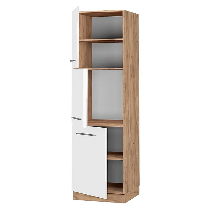 Vicco Schrankküche Fame-Line Weiß Hochglanz - Weiß Hochglanz, Vorratsschrank 60 cm Hoch - Hoher Schrank in Holzoptik mit weißen Hochglanztüren (teilweise geöffnet) und offenen Fächern.