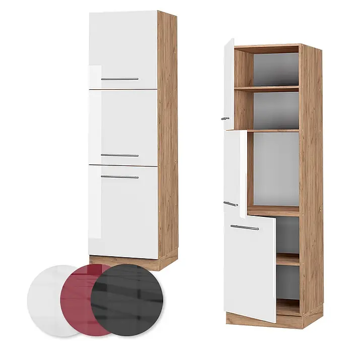 Vicco Schrankküche Fame-Line Weiß Hochglanz - Weiß Hochglanz, Vorratsschrank 60 cm Hoch - Hoher Schrank mit Holzrahmen und weißen Hochglanztüren, innen mit Ablagefächern.