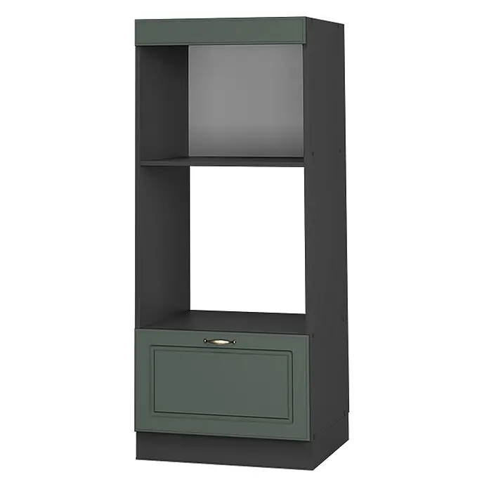 Vicco Schrankküche Fame-Line Grün-Gold Landhaus offen - Grün-Gold Landhaus, Mikrowellenumbauschrank 60 cm (offen) - Hoher dunkelgrauer Küchenschrank mit dunkelgrüner Schublade und Blende, mit offenen Fächern und einem Messinggriff.