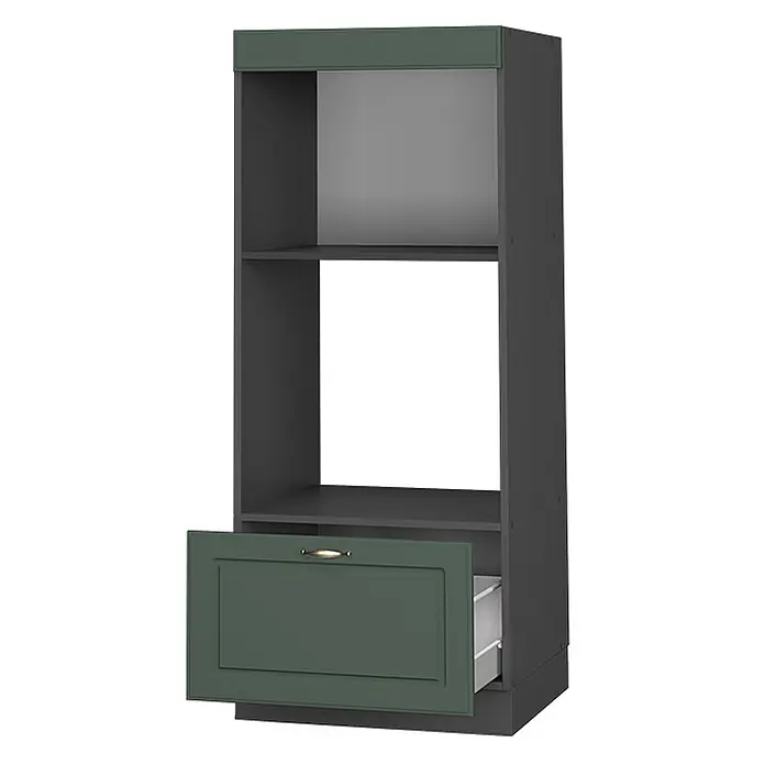 Vicco Schrankküche Fame-Line Grün-Gold Landhaus offen - Grün-Gold Landhaus, Mikrowellenumbauschrank 60 cm (offen) - Hoher dunkelgrauer Küchenschrank mit grüner Oberblende. Mit offenen Fächern und einer halb geöffneten grünen Schublade mit goldenem Griff.