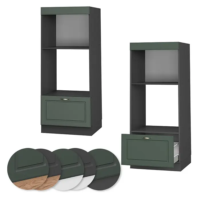 Vicco Schrankküche Fame-Line Grün-Gold Landhaus offen - Grün-Gold Landhaus, Mikrowellenumbauschrank 60 cm (offen) - Dunkelgrauer Hochschrank für Geräte mit dunkelgrüner Schublade. Ein Schrank hat die Schublade offen.