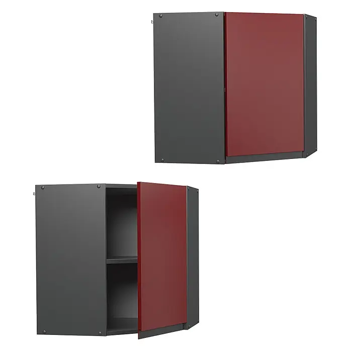 Vicco Eckhängeschrank R-Line, Rot, 57 cm -  - Zwei dunkelgraue Eck-Wandschränke mit roten Türen; einer geschlossen, einer offen mit zwei Regalböden.