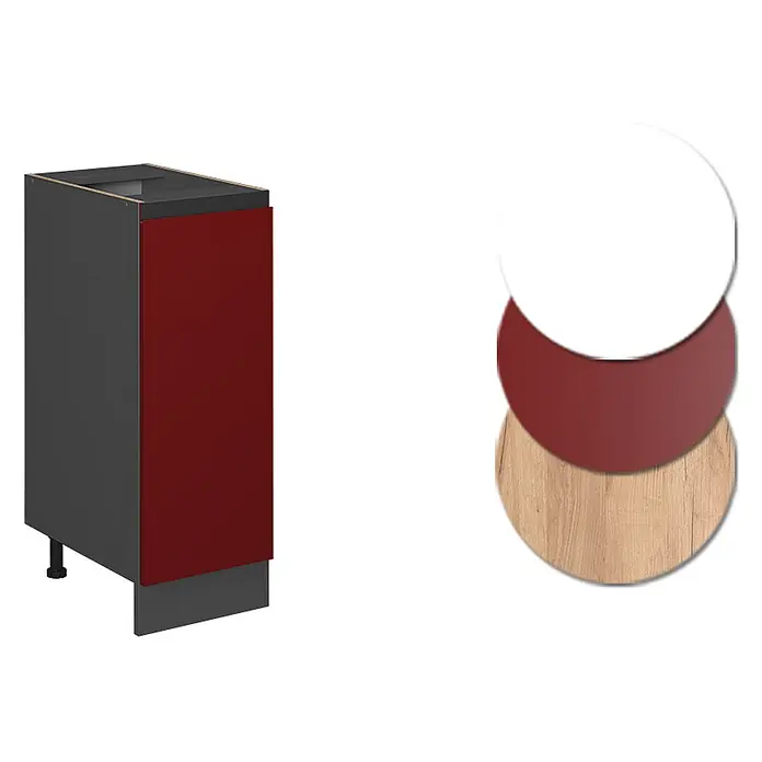 Vicco Schrankküche R-Line Rot J-Shape, ohne Arbeitsplatte - Rot, Apothekerunterschrank 30 cm grifflos - Grauer Küchenunterschrank mit roter Tür. Inkl. Materialmuster in Weiß, Rot und hellem Holz.