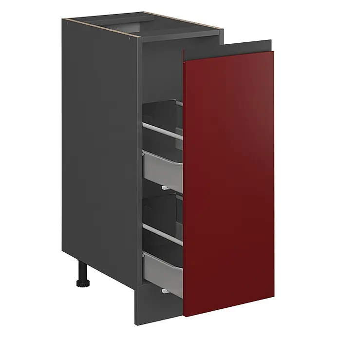 Vicco Schrankküche R-Line Rot J-Shape, ohne Arbeitsplatte - Rot, Apothekerunterschrank 30 cm grifflos - Dunkelgrauer Küchenunterschrank mit zwei grauen Innenschubladen und teilweise geöffneter dunkelroter Türfront, auf verstellbaren Füßen.