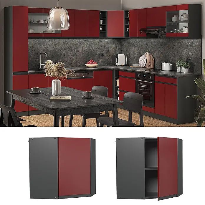 Vicco Schrankküche R-Line Rot J-Shape - Rot, Eckhängeschrank grifflos - Dunkelgrauer Eckwandschrank mit roter Tür, mit Innenregalen.