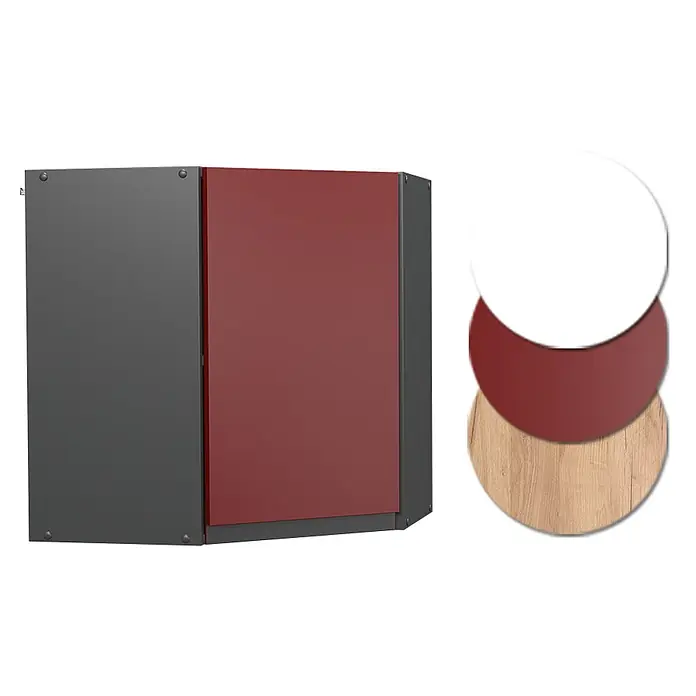 Vicco Eckhängeschrank R-Line, Rot, 57 cm -  - Eckschrank mit dunkelgrauen Seiten und roter Tür, daneben weiße, rote und Holzmaserung-Musterkreise.