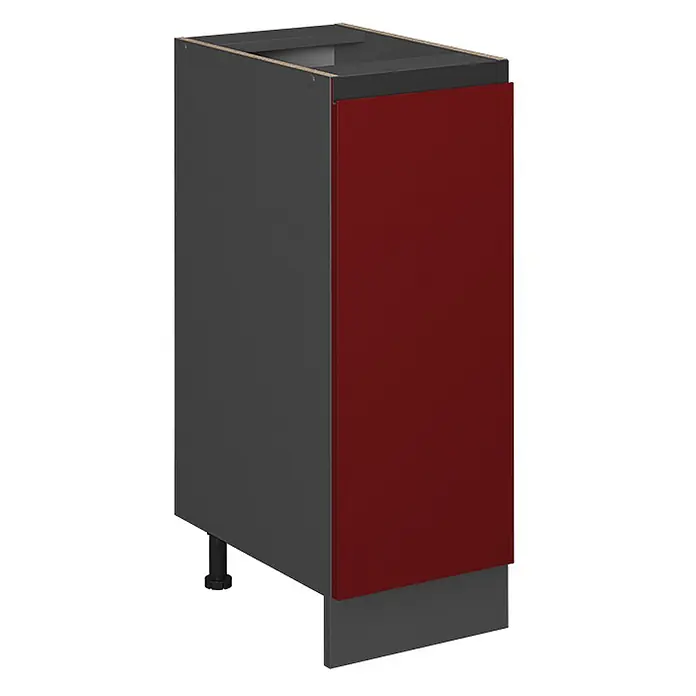 Vicco Schrankküche R-Line Rot J-Shape, ohne Arbeitsplatte - Rot, Apothekerunterschrank 30 cm grifflos - Unterschrank mit roter Tür, dunkelgrauem Korpus, verstellbarem Bein und grauer Sockelblende für die moderne Küche.