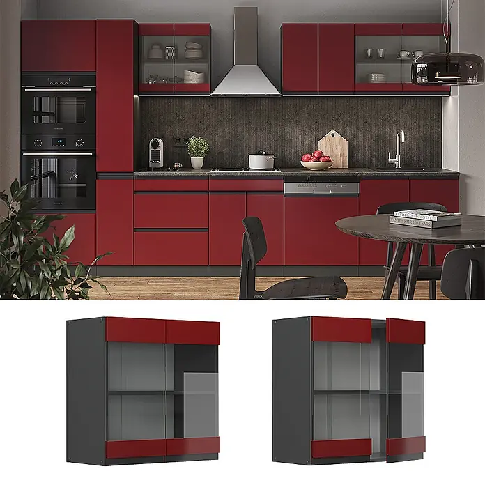 Vicco Schrankküche R-Line Rot J-Shape - Rot, Hängeglasschrank 60 cm grifflos - Grauer Hängeschrank mit zwei Glastüren und roten Akzenten.