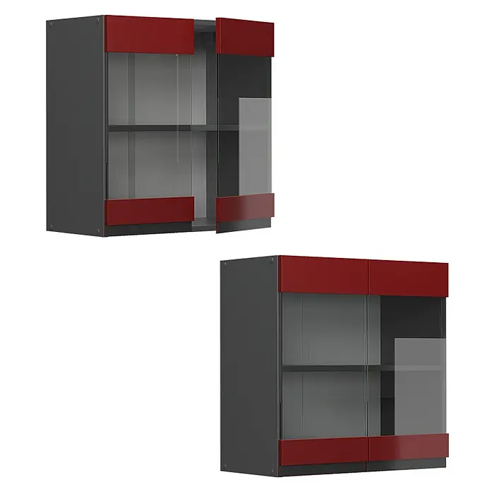 Vicco Schrankküche R-Line Rot J-Shape - Rot, Hängeglasschrank 60 cm grifflos - Dunkelgrauer Wandschrank mit roten und Glastüren, gezeigt in zwei- (eine offen) und viertüriger Konfiguration.