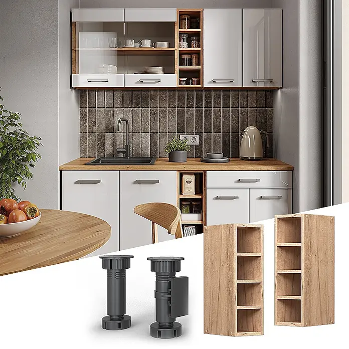 Vicco Schrankküche R-Line Goldkraft Eiche - Goldkraft Eiche, Regalhängeschrank 20 cm - Verstellbare dunkelgraue Schranksockel und modulare Regale aus hellem Holz für moderne Küchen.