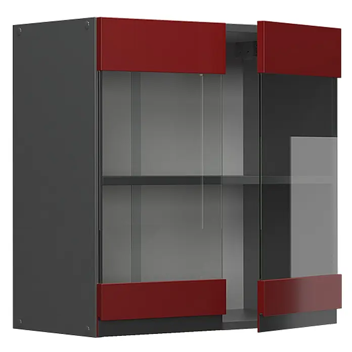 Vicco Schrankküche R-Line Rot J-Shape - Rot, Hängeglasschrank 60 cm grifflos - Dunkelgrauer Wandschrank mit zwei Glastüren, oben und unten mit roten Paneelen akzentuiert. Eine Tür ist leicht geöffnet und zeigt Einlegeböden.