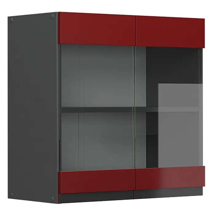 Vicco Schrankküche R-Line Rot J-Shape - Rot, Hängeglasschrank 60 cm grifflos - Dunkelgrauer Wandschrank mit roten Akzentpaneelen und zwei Glastüren.