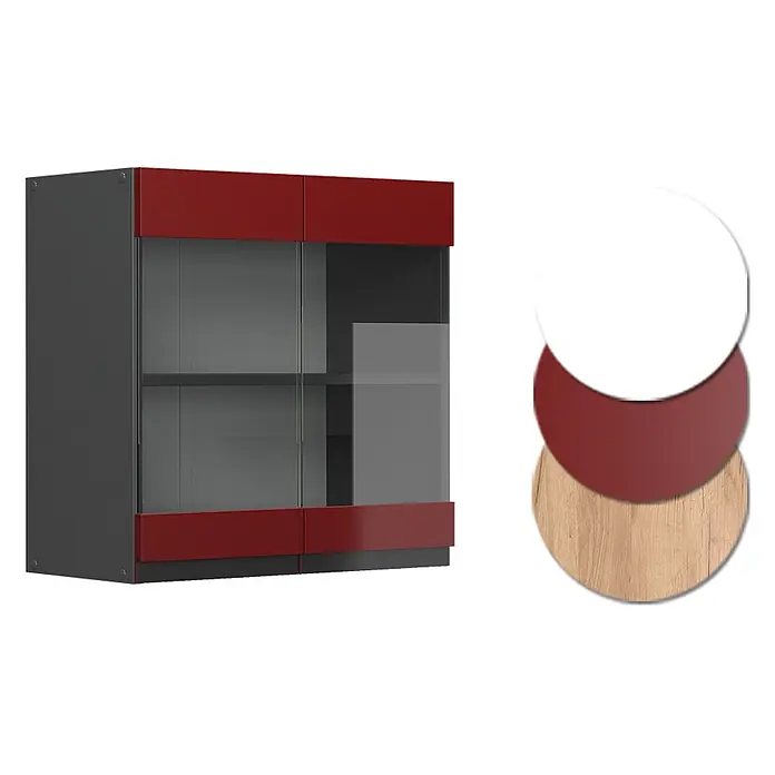 Vicco Schrankküche R-Line Rot J-Shape - Rot, Hängeglasschrank 60 cm grifflos - Zweitüriger Hängeschrank: rote Blenden, dunkelgrauer Korpus, Glastüren. Farbtafeln zeigen Rot, Weiß, Holzoptik-Optionen.