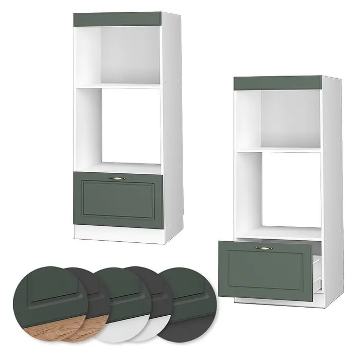 Vicco Schrankküche Fame-Line Grün-Gold Landhaus offen - Grün-Gold Landhaus, Mikrowellenumbauschrank 60 cm - Zwei weiße Küchenschränke mit dunkelgrünen Schubladenfronten und offenen Regalen. Eine Schublade ist geöffnet und zeigt ihr Inneres.