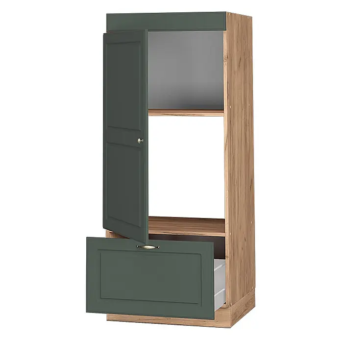 Vicco Schrankküche Fame-Line Grün-Gold Landhaus - Grün-Gold Landhaus, Mikrowellenumbauschrank 60 cm - Hoher Holzmaserungsschrank mit dunkelgrüner Tür, Schublade und Einlegeböden, der eine graue Rückwand und weiße Schubladeninnenseite zeigt.
