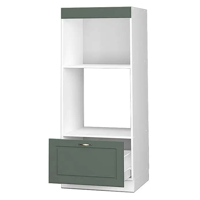 Vicco Schrankküche Fame-Line Grün-Gold Landhaus offen - Grün-Gold Landhaus, Mikrowellenumbauschrank 60 cm - Weißer Küchenschrank mit dunkelgrüner Zierleiste oben und Schubladenfront. Mit offenem Fach, Nischenaussparung für Gerät und leicht geöffneter Schublade unten.