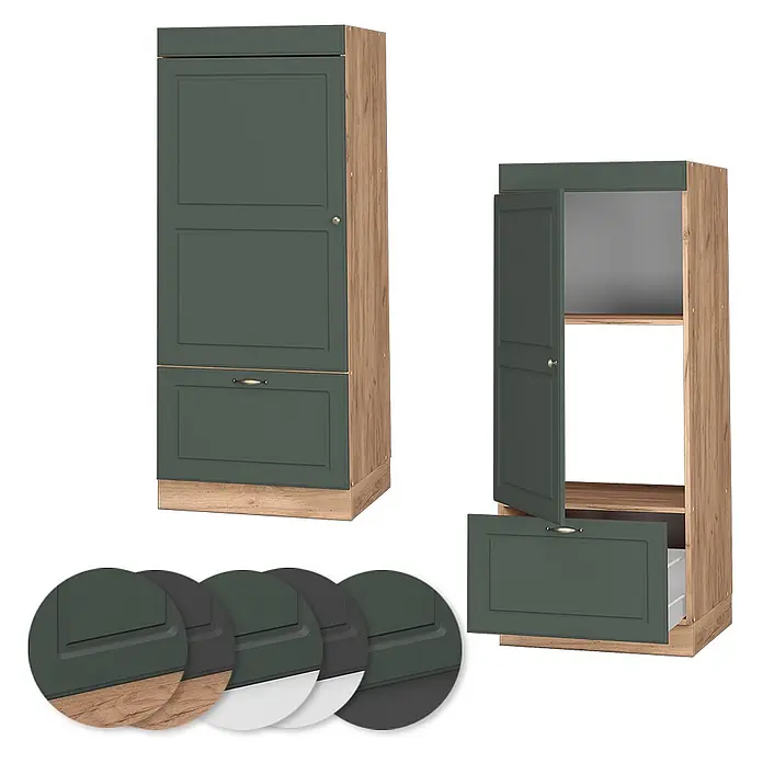 Vicco Schrankküche Fame-Line Grün-Gold Landhaus - Grün-Gold Landhaus, Mikrowellenumbauschrank 60 cm - Hoher Küchenschrank in Dunkelgrün und Holzoptik, geschlossen und mit offener Tür/Schublade gezeigt.