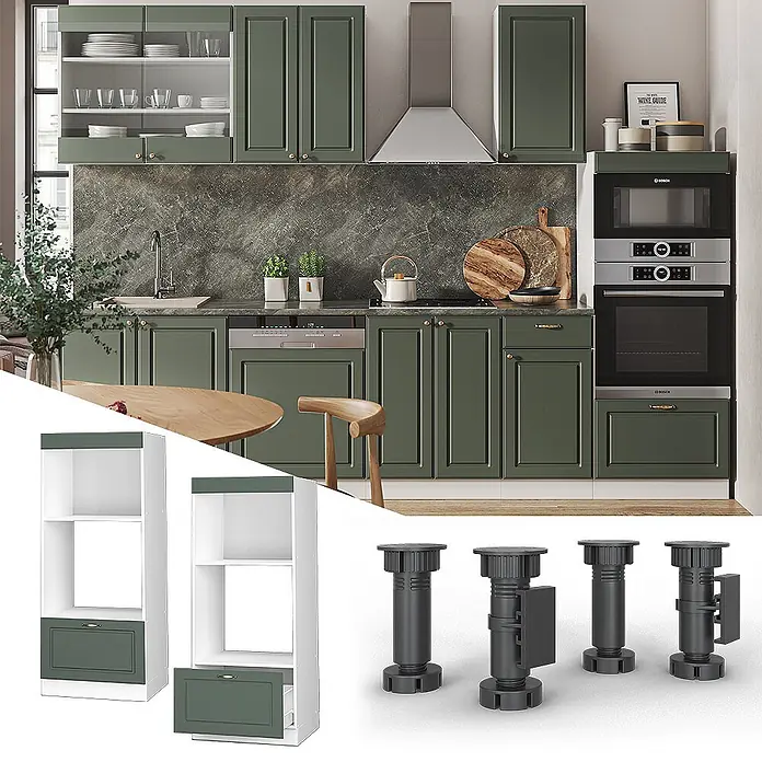 Vicco Schrankküche Fame-Line Grün-Gold Landhaus offen - Grün-Gold Landhaus, Mikrowellenumbauschrank 60 cm - Moderne grüne Küchenschränke mit Messinggriffen, weißen Regalen und schwarzen verstellbaren Schrankfüßen.