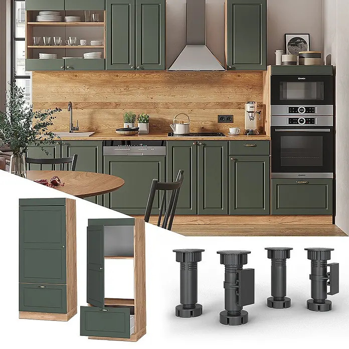 Vicco Schrankküche Fame-Line Grün-Gold Landhaus - Grün-Gold Landhaus, Mikrowellenumbauschrank 60 cm - Dunkelgrüne Küchenmöbel mit Holzakzenten und Einbaugeräten, dazu ein Hochschrank und schwarze verstellbare Füße.