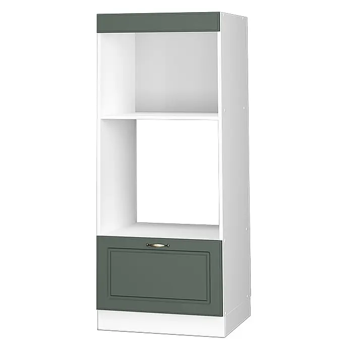 Vicco Schrankküche Fame-Line Grün-Gold Landhaus offen - Grün-Gold Landhaus, Mikrowellenumbauschrank 60 cm - Weißer Küchenschrank mit zwei offenen Fächern, dunkelgrüner Oberplatte und dunkelgrünem Schubkasten mit Messinggriff.